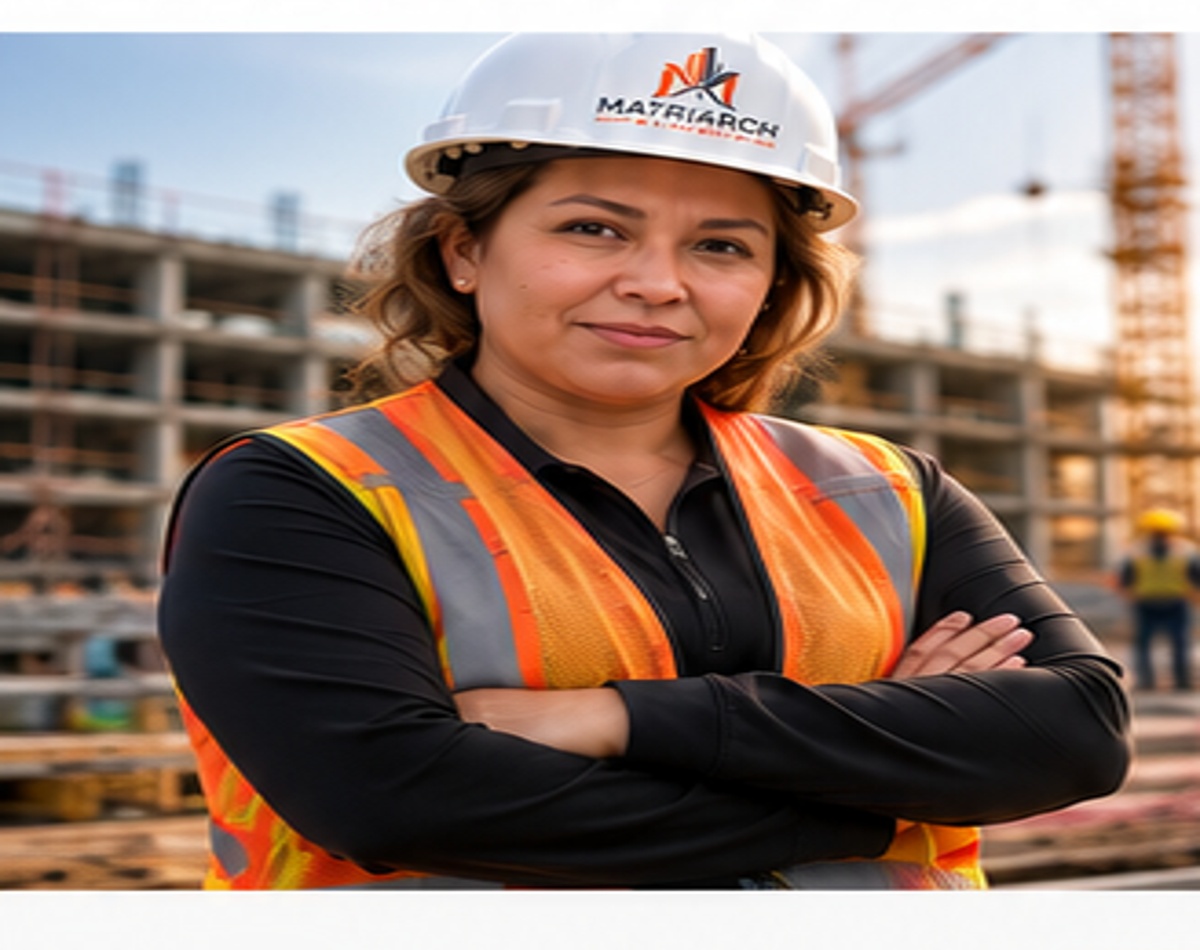 Owner of Matriarch Builders wearing an orange safety vest and hard hat